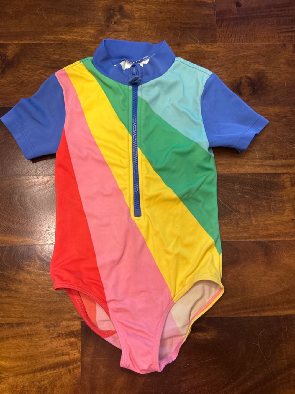 Boden Girls Rainbow Zip-Front Swim Suit in Blue, Green, Yellow
